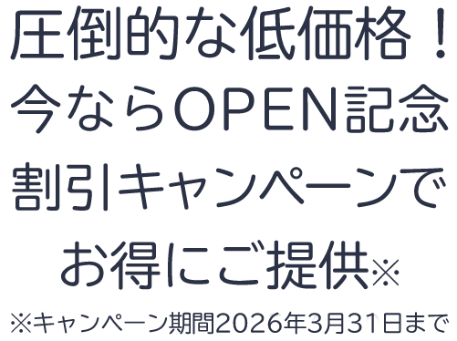 圧倒的な低価格！今ならOPEN記念割引キャンペーンでお得にご提供！キャンペーン期間2026年3月31日まで